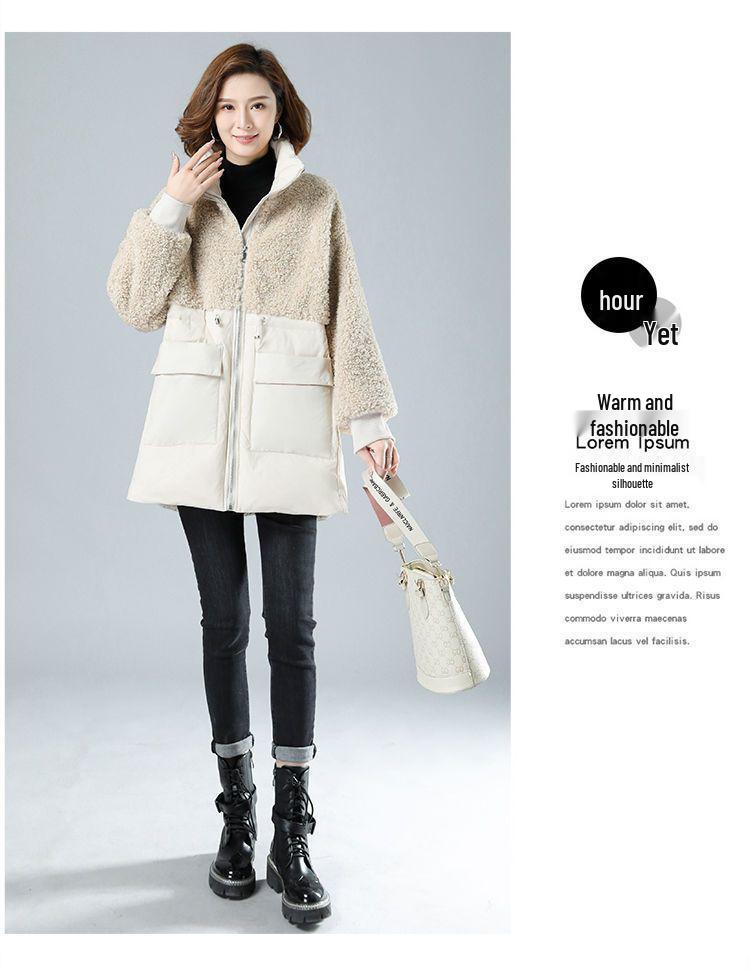 Women's Mid-Length Winter Lamb Wool & Cotton-Blend Jacket - Loose, Plus Size for Middle-Aged Women