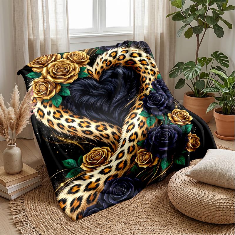 Leopard Heart Roses Art 1 Theme blanket Lightweight Warm Flannel Blanket Decorative Throw Blanket for Home Decoration