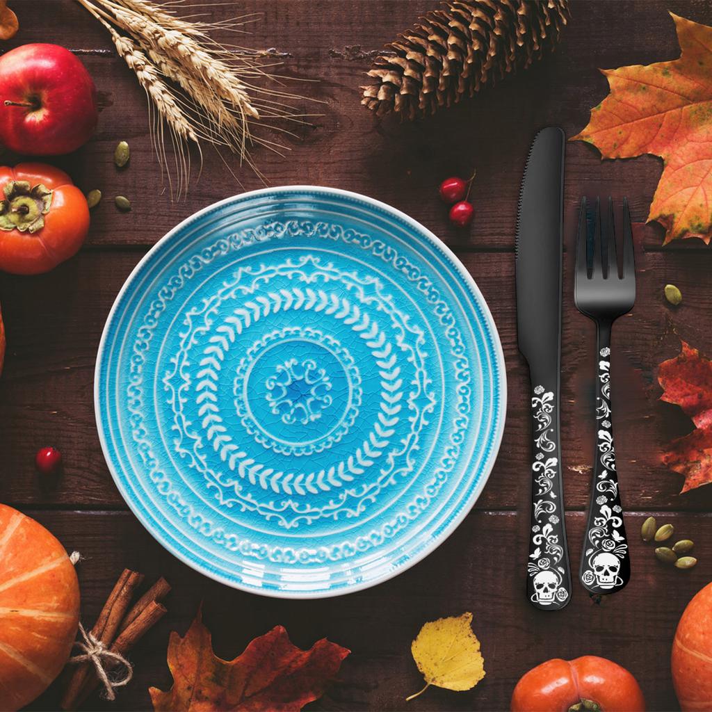 5-teiliges Besteckset Geschirr Edelstahl Gotisch Löffel Gabel Messer Halloween Totenkopfmuster Essgeschirr Westliches Besteckset