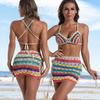 3-Piece Crochet Bikini Set with Striped Mini Beach Skirt