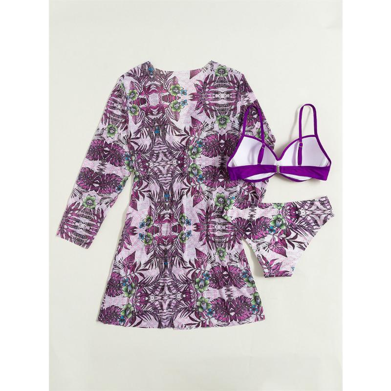 Dámská sada bikin s květinovým potiskem Sexy třídílná plážová pokrývka nahoru Push Up Léto s dlouhým rukávem Twist plavky