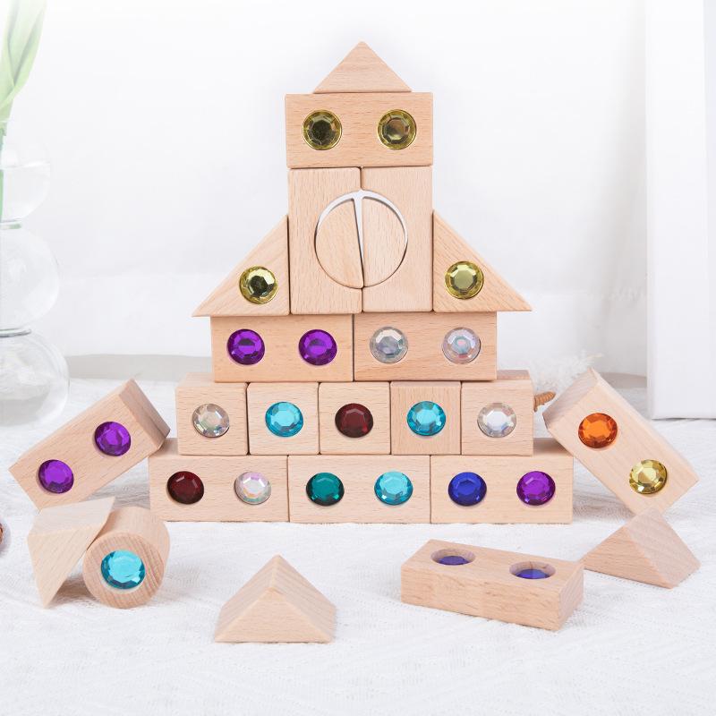 Large particle light-transmitting building block rainbow gemstone beech wood solid wood puzzle children creative building toy