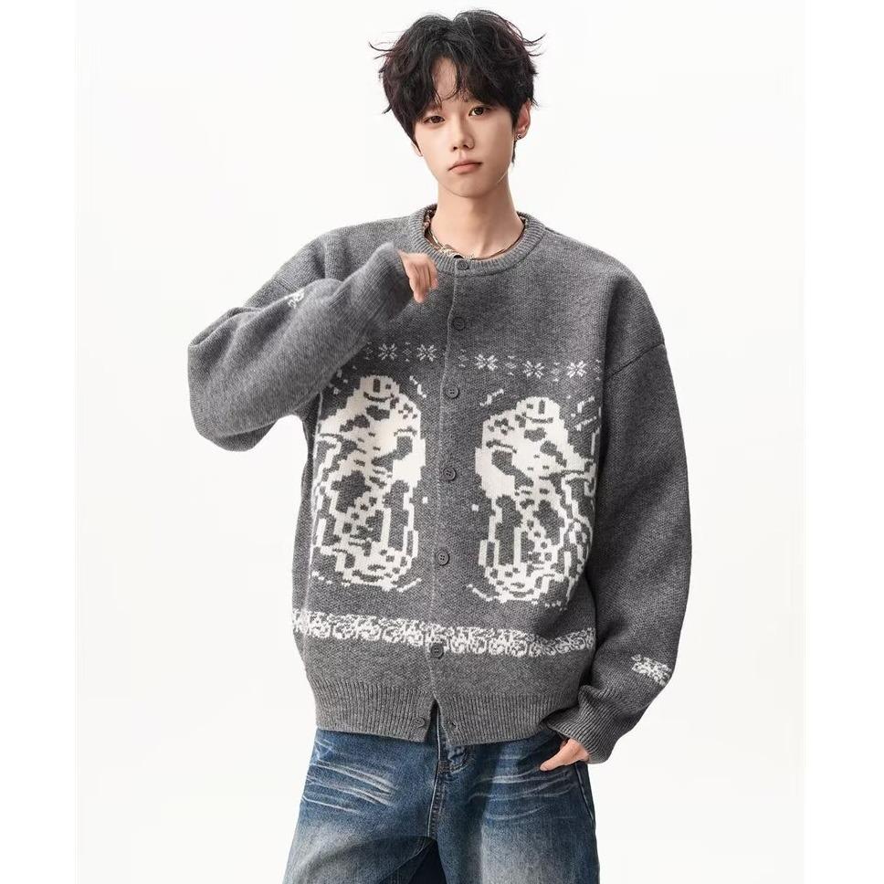 Темно-синий жаккардовый кардиган свитер мужской и женский осенне-зимний новый модный бренд ретро ленивый стиль парный вязаный кардиган куртка 2XL серый 3960₽