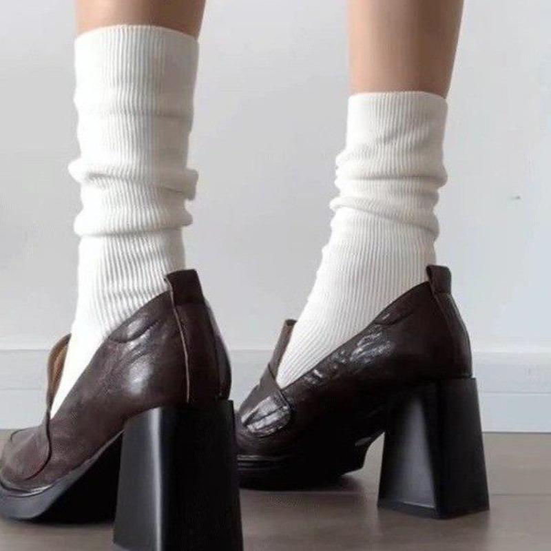 Retro high-heeled single shoes women's autumn fashion thick heel one-pedal square-headed college small leather shoes women