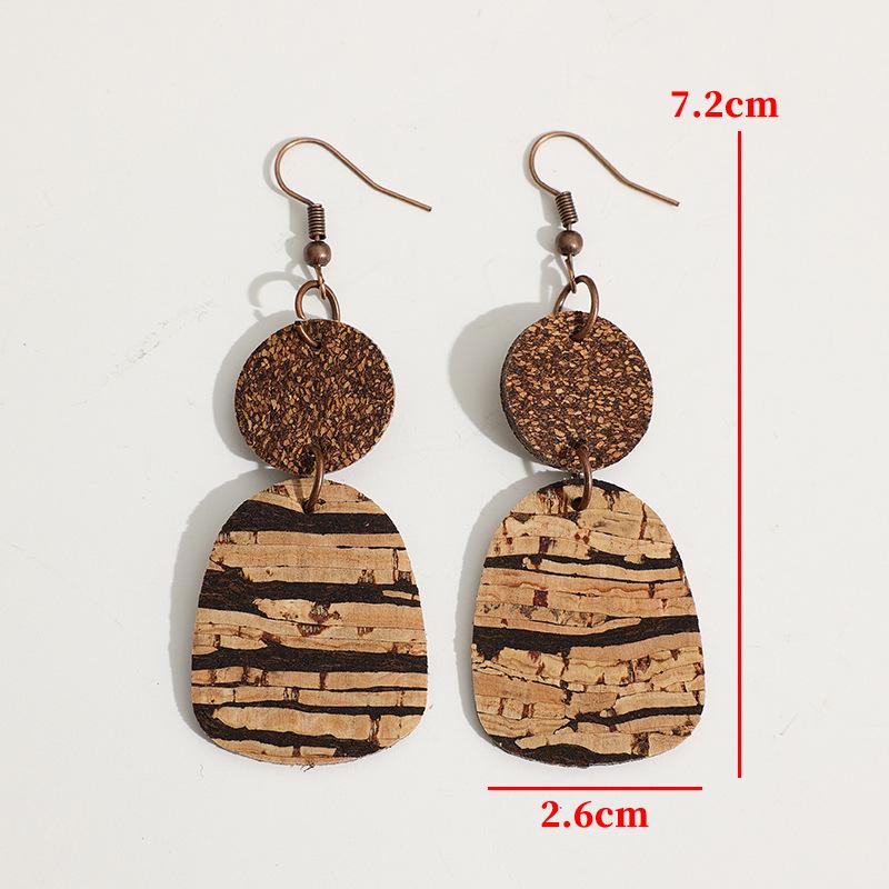 Fashion Double Layer Cork Texture Dangle Earrings Wood Grain Patchwork Design Niche Artistic Earrings Versatile Commute Wear For Ladies
