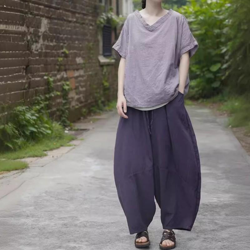 Johnature Women Vintage Bloomers Pants Elastic Waist Blet Solid Color Spring Loose Women Casual Pants