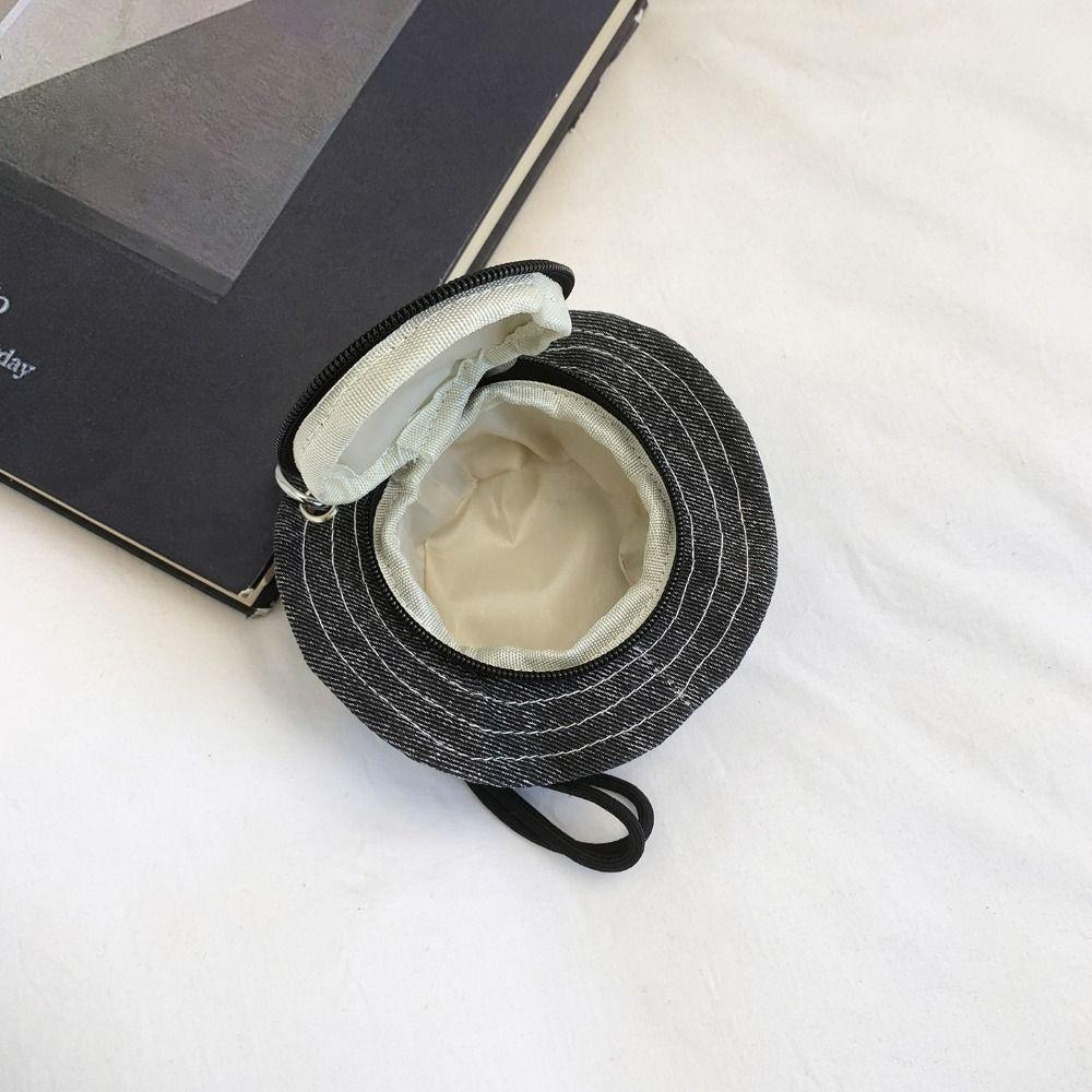 Round Mini Bucket Hat Coin Purse Cute Canvas Earphone Bag Creative Hat Shape Keychain Girl
