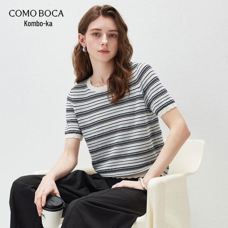 2026 Spring/Summer Women s Mulberry Silk Blend Striped Knit T-Shirt L