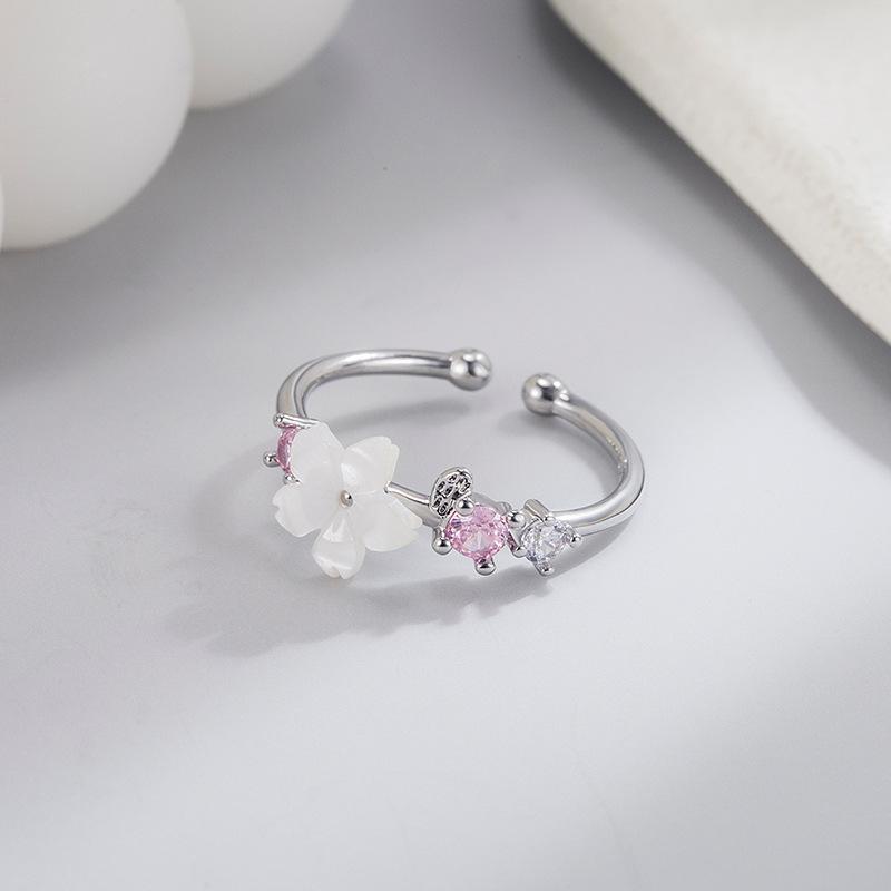 Rosa romantische Blumenringe für Frauen, glänzender Zirkon, Kirschblütenzweig, Muschel-Fingerring, Hochzeit, Weihnachten, ästhetischer Schmuck