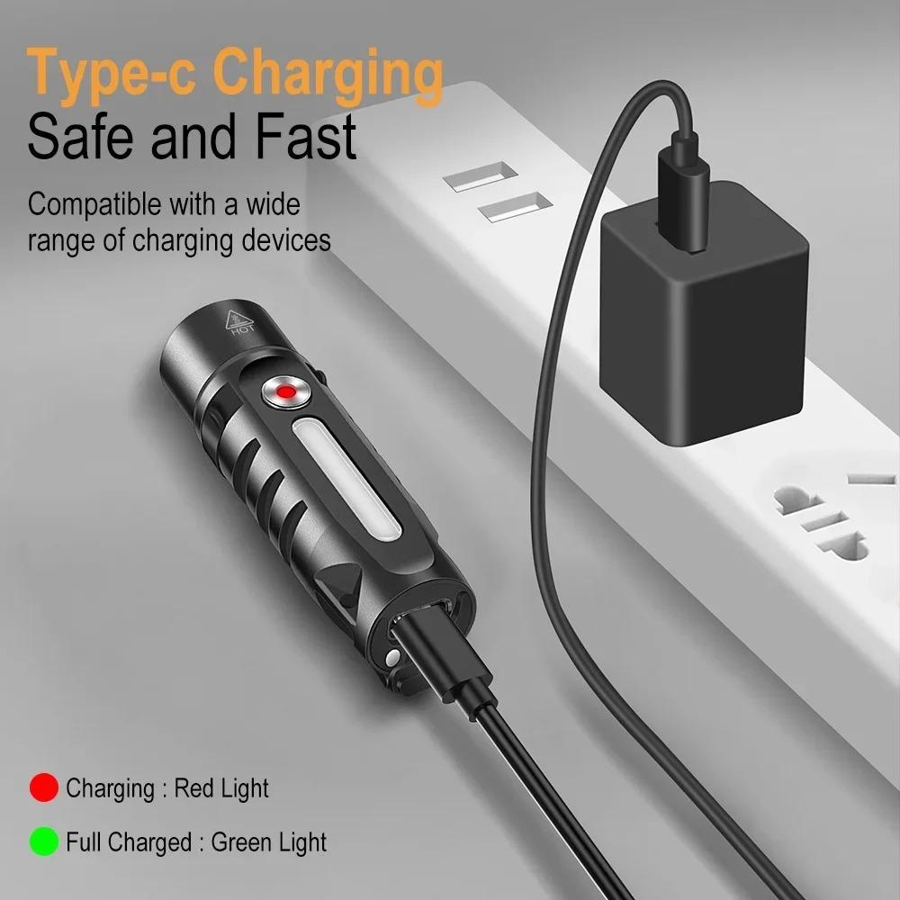 Multi-Light Source Mini Keychain Flashlight with Clip & Magnetic Waterproof Type-C Charging Work Light for Outdoor Camping
