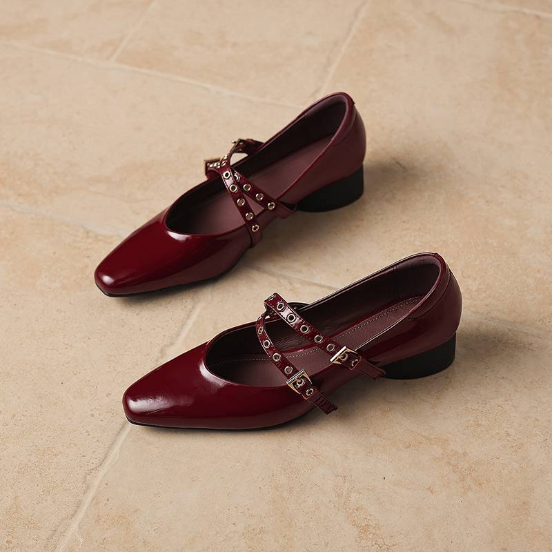 Krazing Pot Genuine Leather Square Toe Low Heels Summer Shoes Big Size 42 Buckle Straps Women Shallow Pumps
