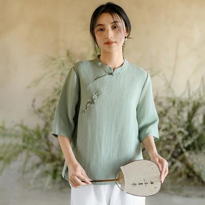 Women Vintage Shirts Embroidery Floral Stand Short Sleeve Tops Solid Color Summer Chinese Style Blouses
