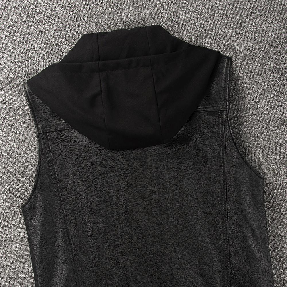 Motorcycle Vest Hood Genuine Cow Men Leather Sleeveless Jacket Biker Riding Vests Men's Genuine Leather Waistcoat Spring