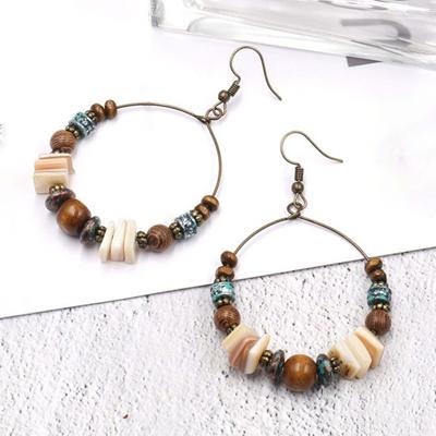 1 Pair Shell Exaggerated Retro Earrings Wood Beads Round Boho Earrings Jewelry