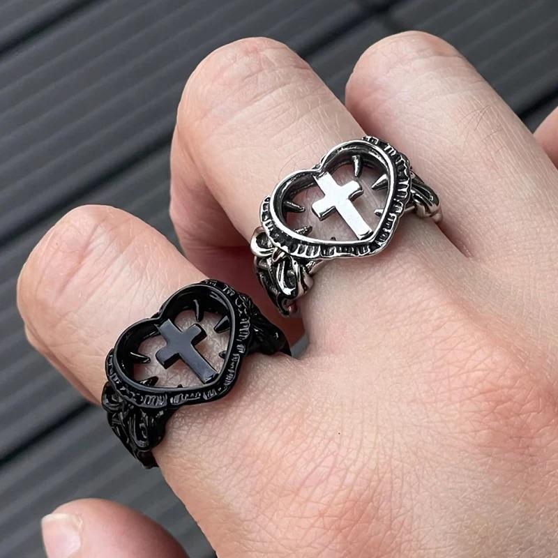 Fashion Cross Heart Open Rings for Unisex Hip Hop Adjustable Devil Horns Weaving Strip Gothic Ring Jewelry Couple Gifts