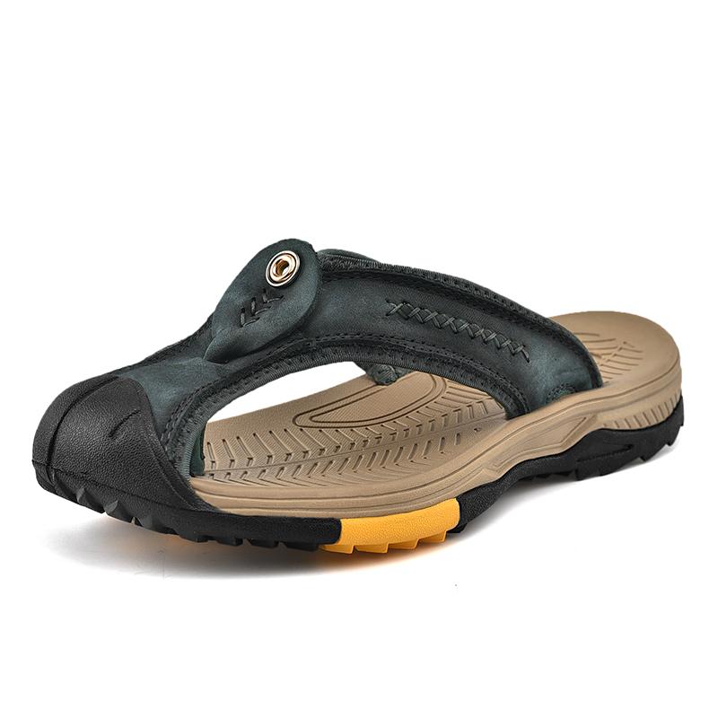 Fashion Genuine Leather Men Flip-flops Cool Beach Summer Shoes Anti-collision Toe Male Slippers Leisure Walk Non-Slip Non-Slip Half Drag