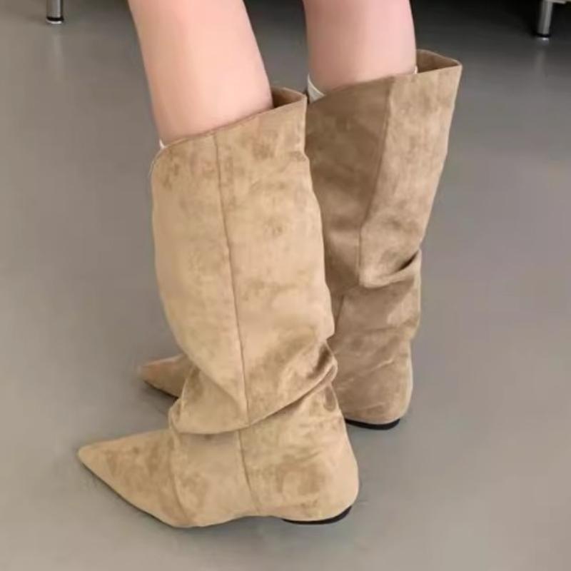 Women Flats High Boots Suede Casual Winter Shoes 2025 Trend New Knee High Chelsea Snow Boots Pleated Botas Woman Zapatos