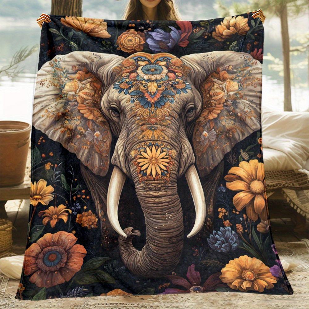 Vintage Elephant Floral Flannel Throw Blanket Wild Elephant With Flower Print Soft Warm Blanket for Sofa Bedroom Animal Lover Gift