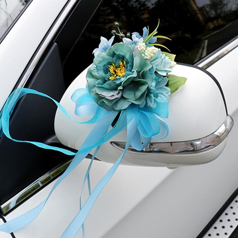 Creative Romantic Wedding Car Floral Ribbon Bridal Car Door Handle Mirror Flowers Wedding Aisle Decorations Ceremony Party Decor