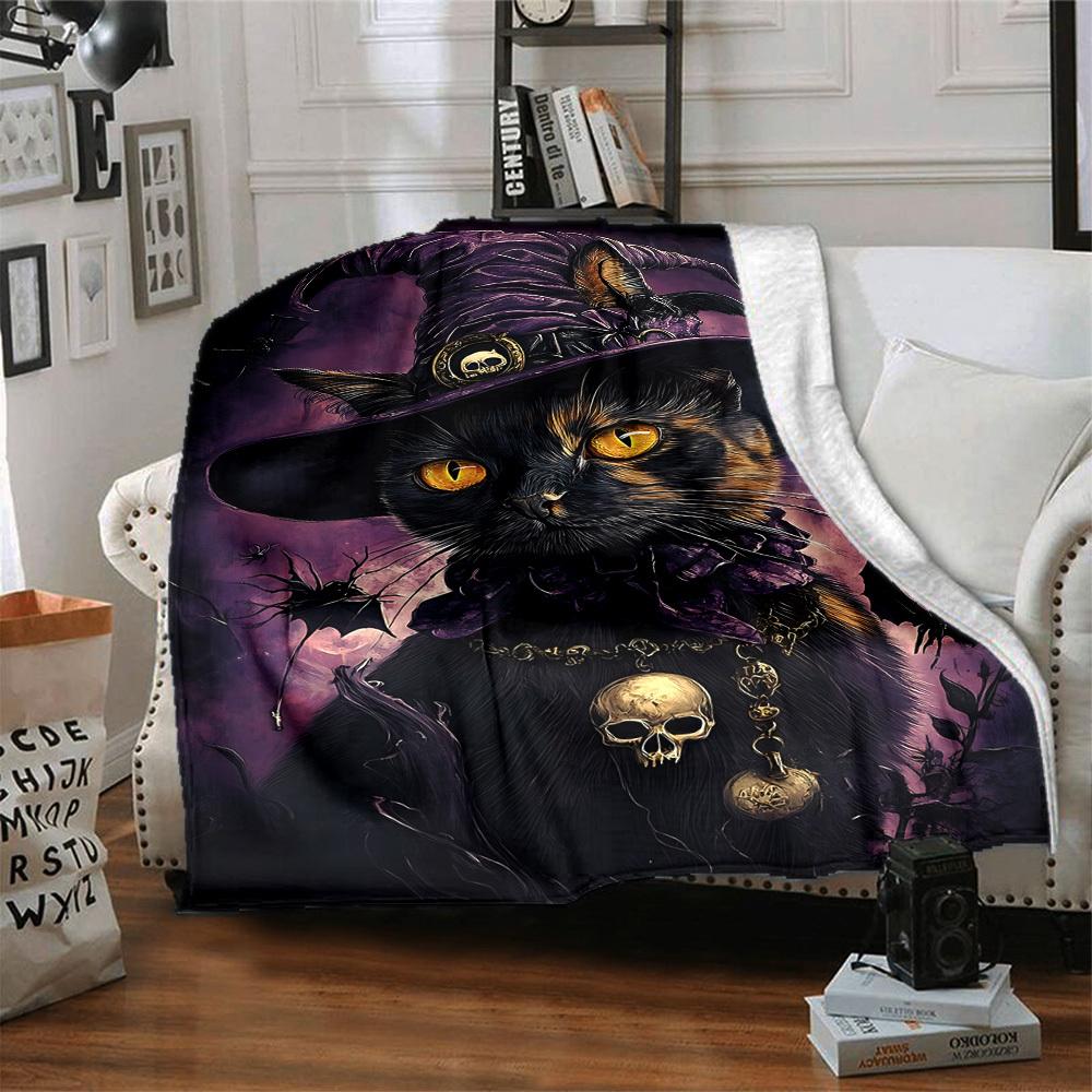 1pc Witchcraft Halloween Cat Blanket, Lightweight Flannel Throw Blanket for Sofa, Bed, Travel, Camping, Living Room, Office, Couch, Chair, and Bed