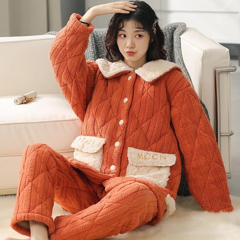 Coral Velvet Quilted Pajamas Women's Winter Three Layer Thick and Fleece Home Wear Women's Winter Flannel Thermal Set