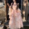 2026 summer new Eden oil painting smudge printing waist ruffle edge suspender skirt Korean version temperament dress