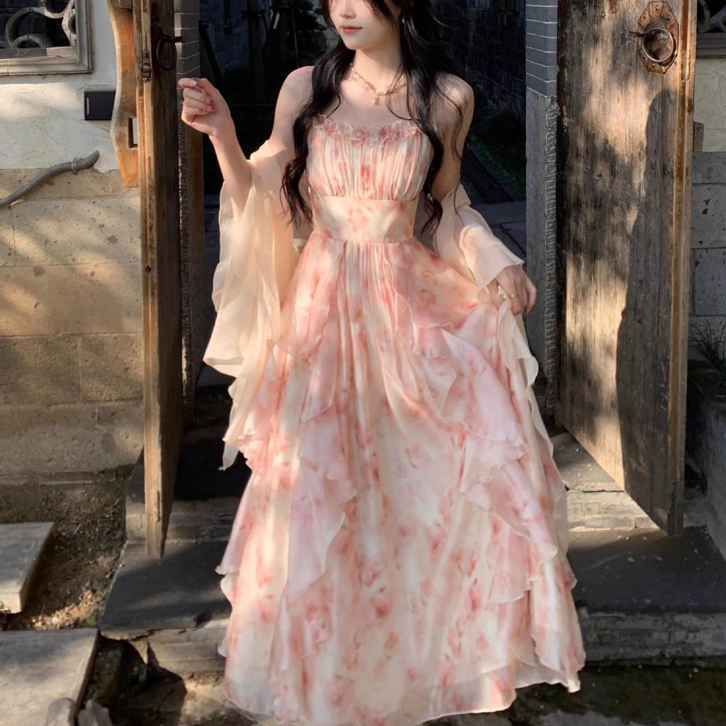 2026 summer new Eden oil painting smudge printing waist ruffle edge suspender skirt Korean version temperament dress