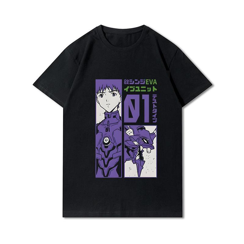 Pánská trička s potiskem Evangelion nadměrných velikostí Bavlněné topy Letní Anime Neformální Černá trička
