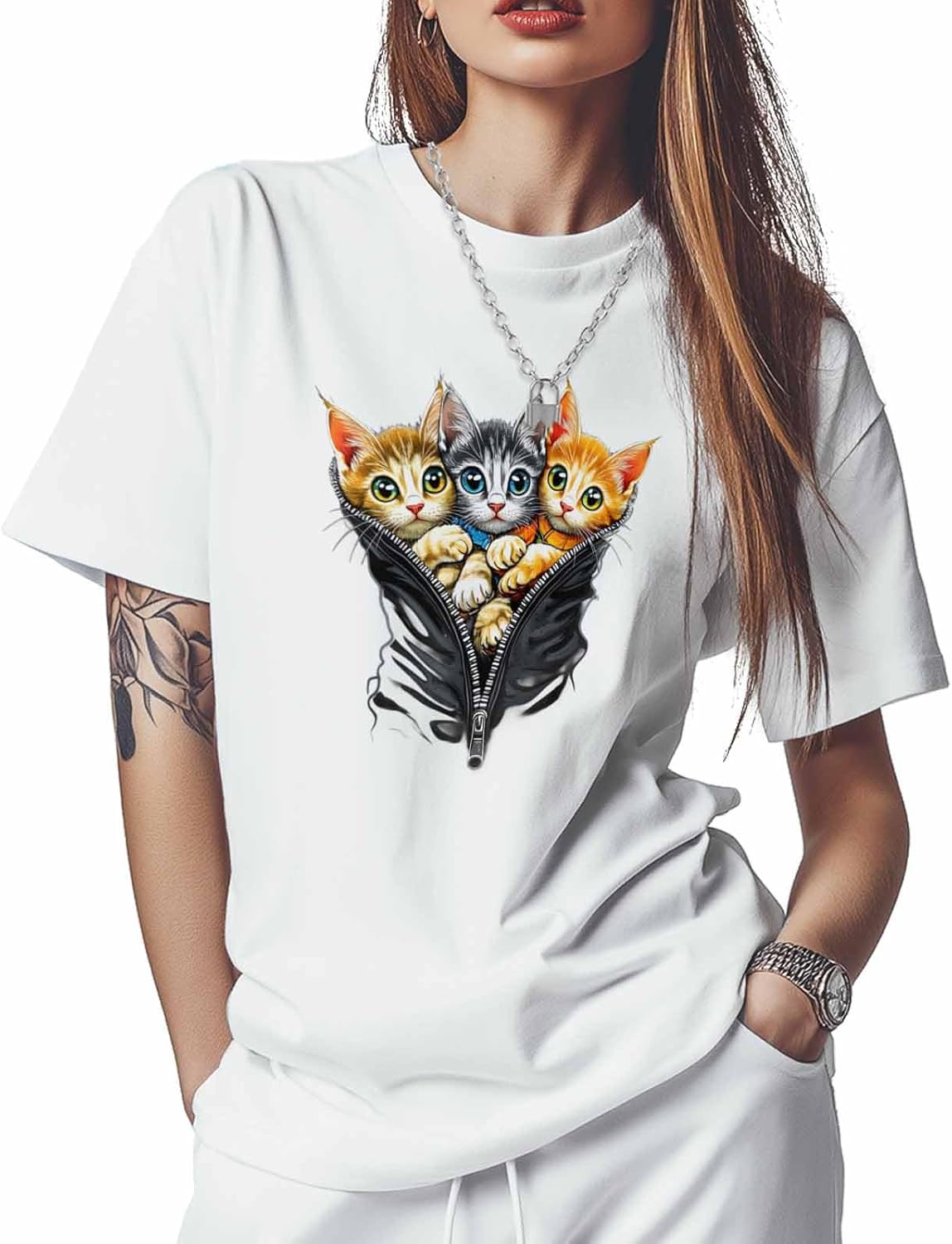 

T Shirts for Women Graphic Tees Zipper Cat Crew Neck Short Sleeve Shirts for Women Cute Animal Casual T-Shirt 5XL різнокольоровий