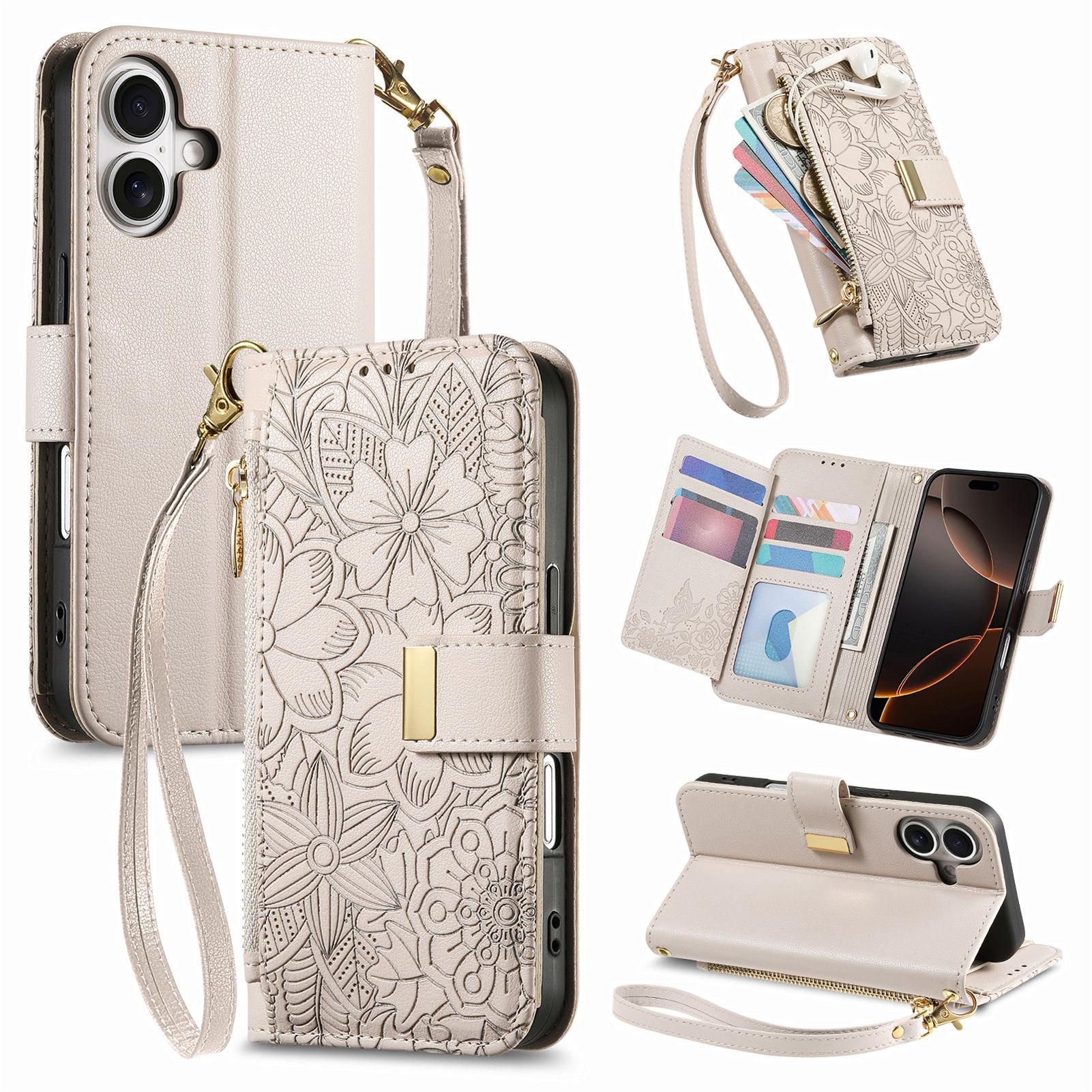 

For iPhone 16 Case Floral Leaf Pattern Multi Card Slots Zipper Leather Phone Cover with Wrist Strap White