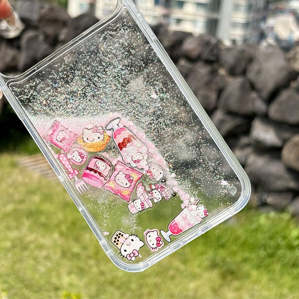 Cute Cartoon Sanrio Hello Kitty Bling Glitter Liquid Quicksand Phone Case For iPhone 17 16 15 14 13 Pro Max Clear Hard Cover