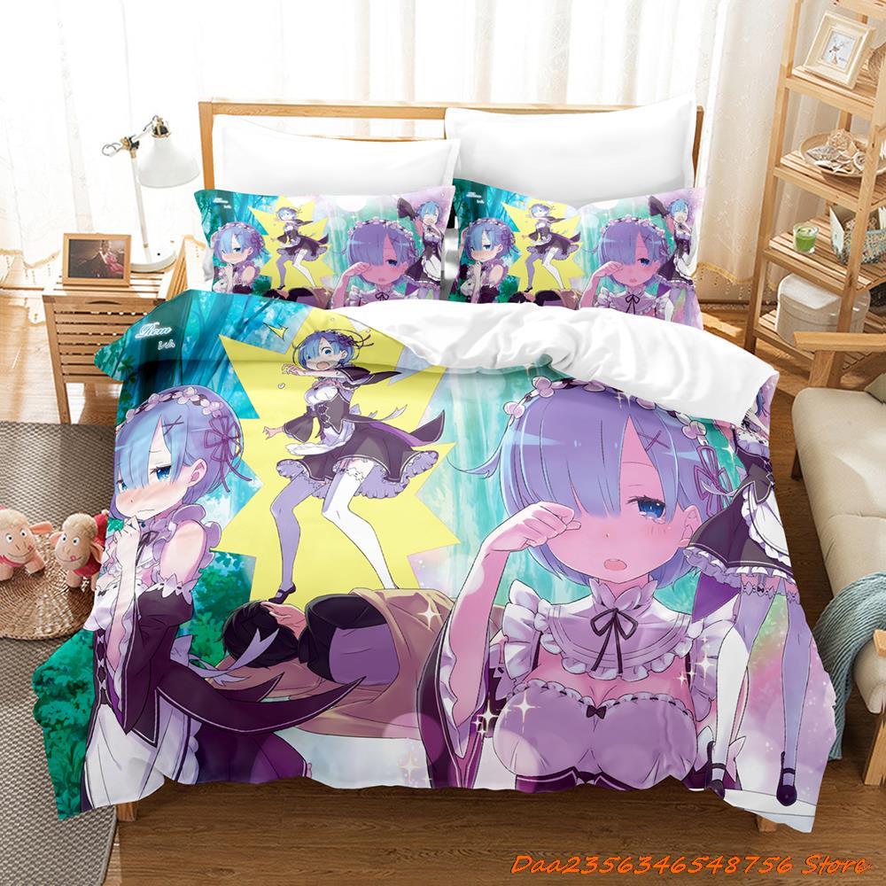 Comforter Re Zero Rem Ram Bedding Set Cartoon Anime Three-Piece Set Adult Kid Bedroom Duvet Sets 3D Kawaii Girl Twin Set