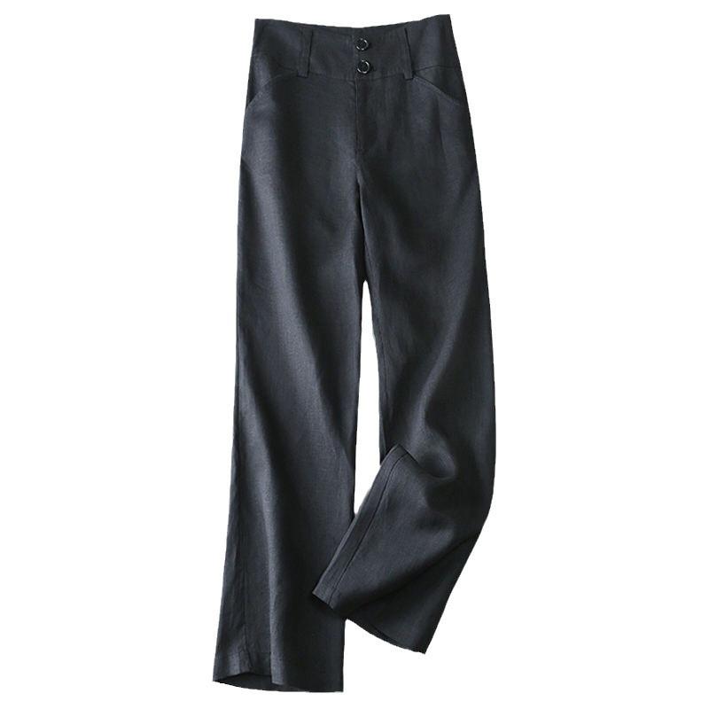 Women's Summer High-Waisted Drapey Linen Straight-Leg Pants - Slimming, Semi-Elastic, Wide-Leg, Casual, Long Cotton Linen Pants