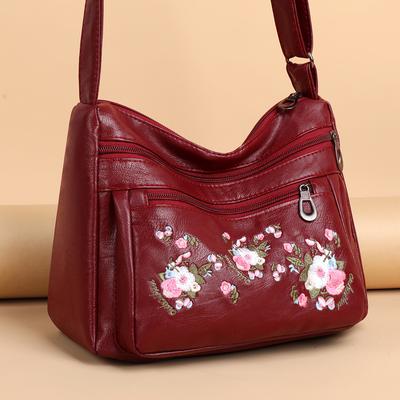Flower Embroidery Crossbody Bag Fashion PU Leather Women Shoulder Bag Large Capacity Multi Pockets Purses