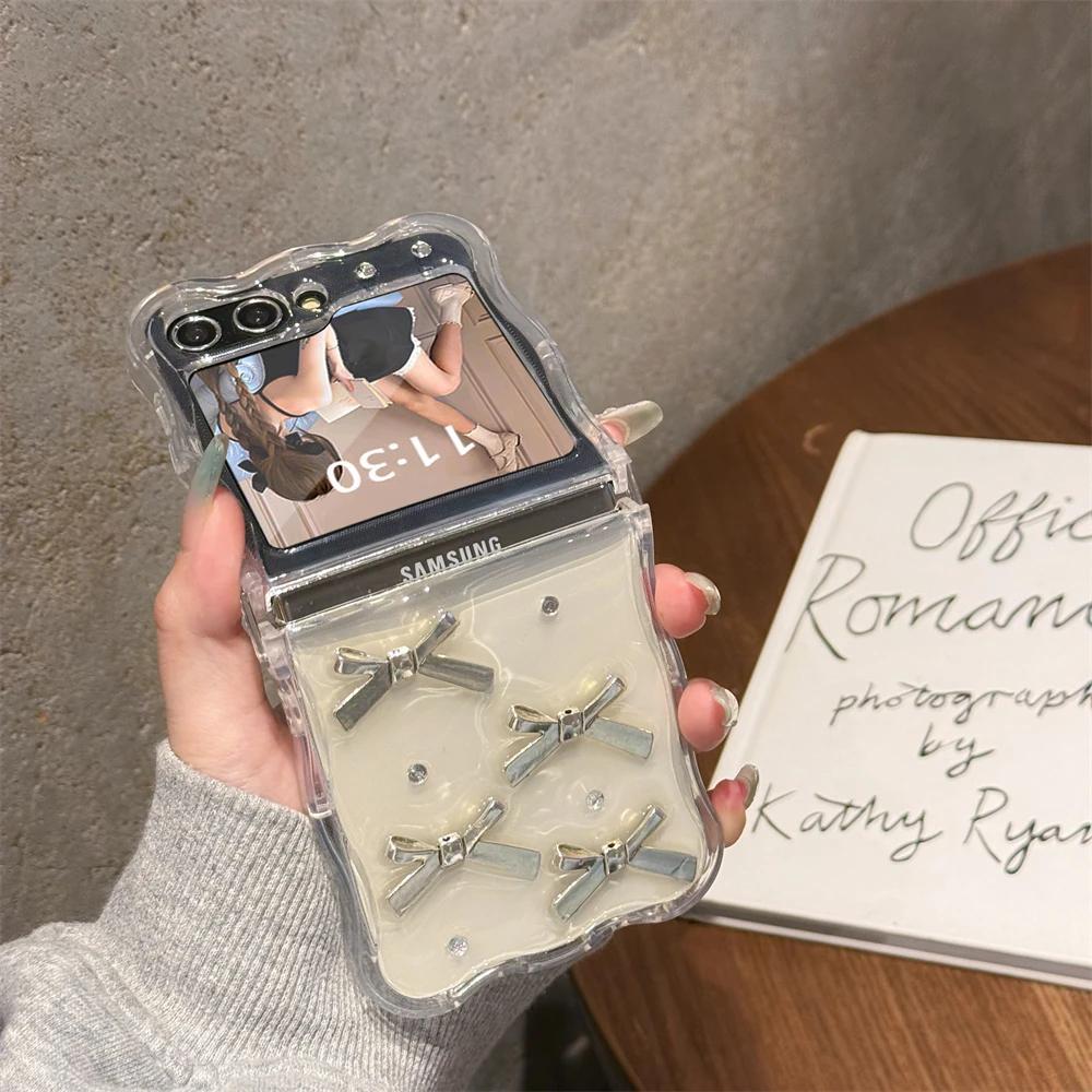 Korean 3D Bowknot Glitter Phone Case For Samsung Galaxy Flip 7/6 Girl Clear Cover Silver Foil Epoxy Shell For Z Flip5 Flip 4/3