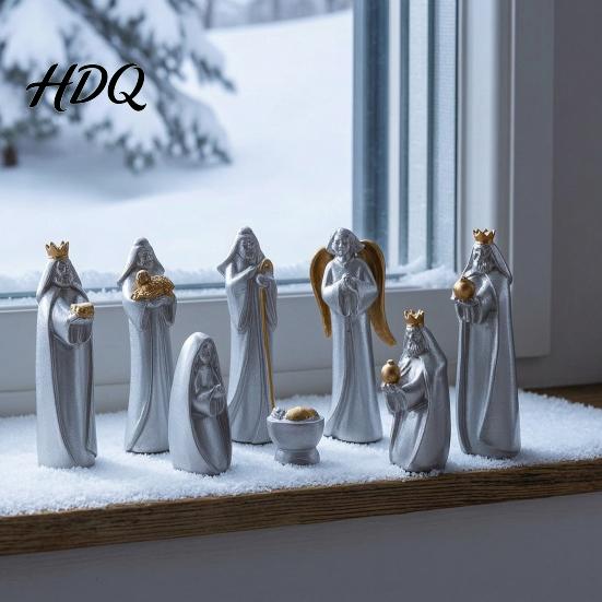 Christmas Manger Set 8 Pcs Resin Nativity Figurines Set Christian Scene Figures Painted Statues Religious Tabletop Miniature for Holiday Indoor