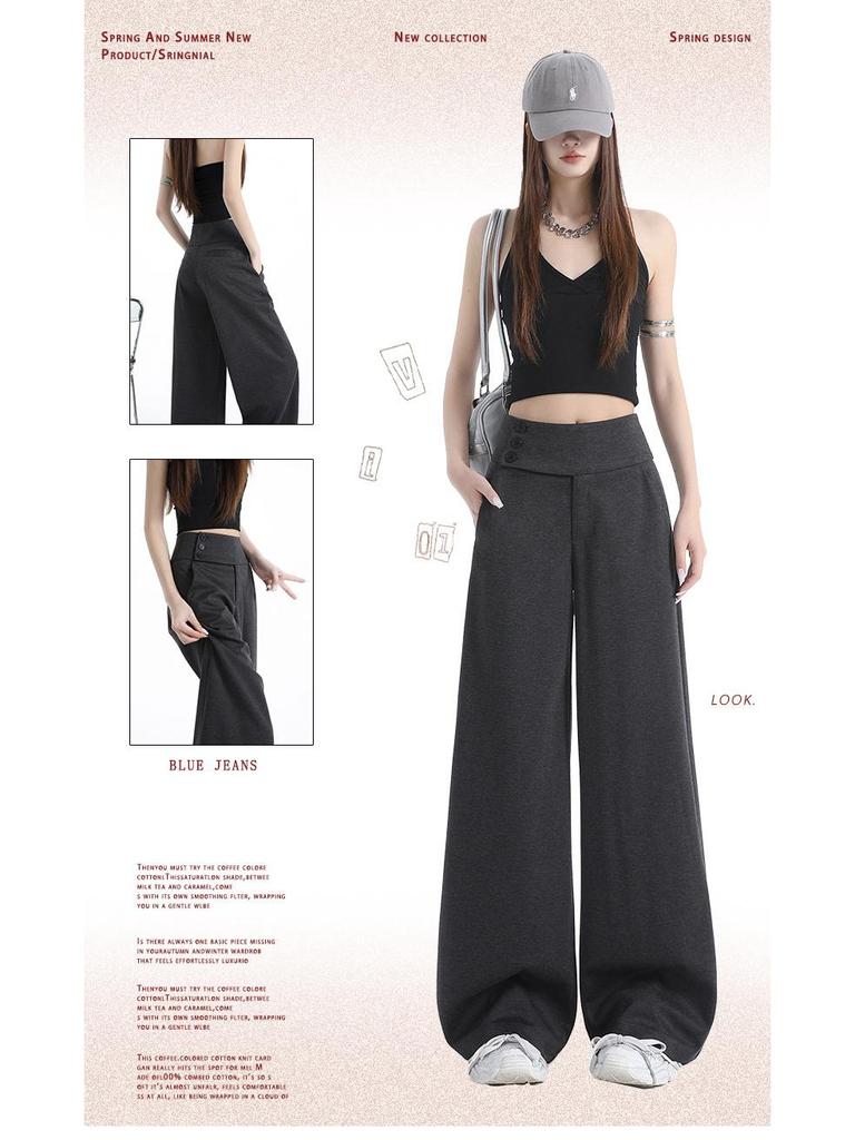 Women's Retro Grey Wide-Leg Suit Pants - Spring Casual, Versatile & Comfortable