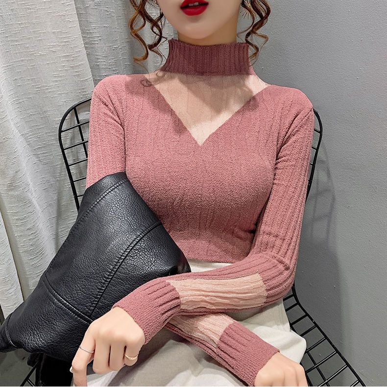 

Черное кружево Осень Зима Внутренний гольф Тонкий свитер Женская верхняя одежда Модный вязаный базовый топ S розовый