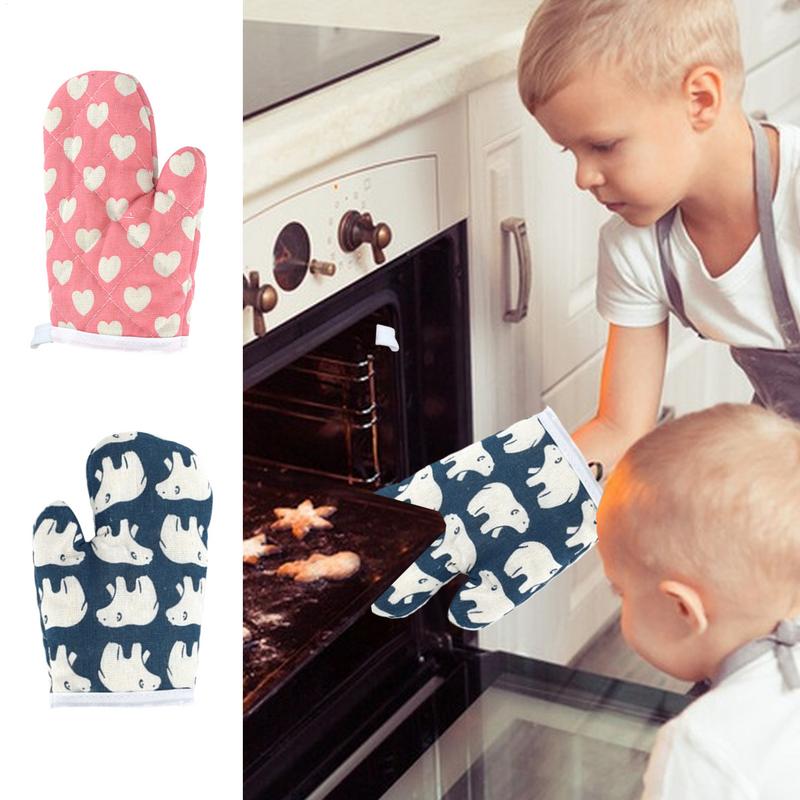Niedliches bedrucktes Muster Kinder Ofenhandschuhe Hitzebeständige Kochhandschuhe Verbrühschutz Backhandschuhe Kinderküche Mikrowellenhandschuhe