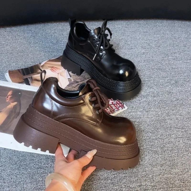 Fashion Women's Fashion Thick Heel Shoes Spring New Round Head Deep Mouth Front Lacing Thick Soles Non-slip Low-top Shoes