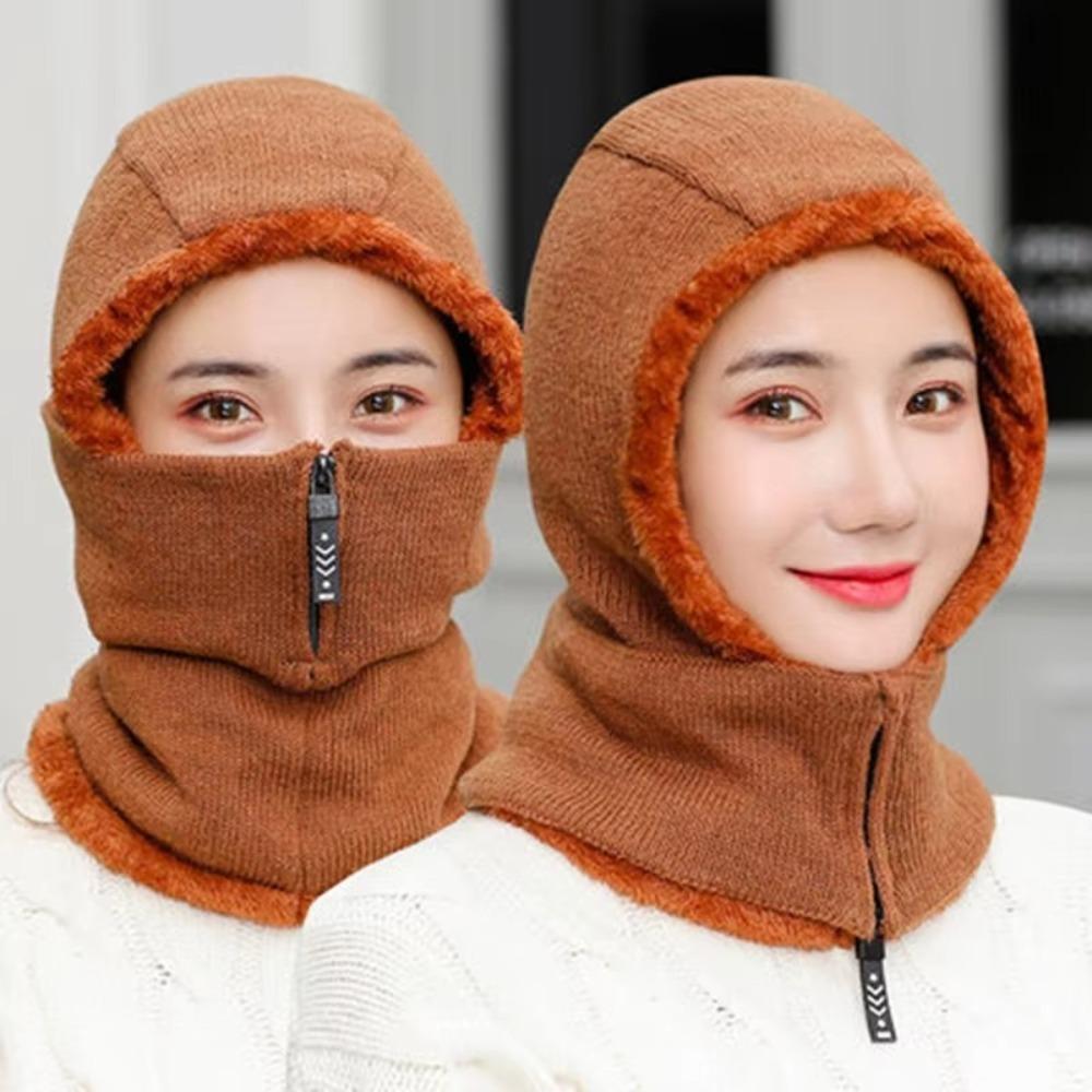 Zipper Hooded Thermal Cap Thickened Knitted Balaclava Cap Simple Knitted Scarf Hat  Outdoor