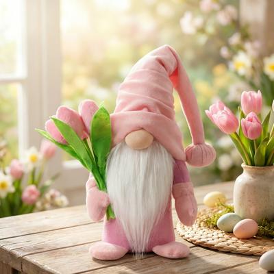 Valentinstag Plüschgnom mit rosa Tulpen Frühling Stofftier-Gnom-Puppe für Etagen-Tablett Kamin Tischdeko Geschenke für Sie Ehefrau Lehrerin Mädchen