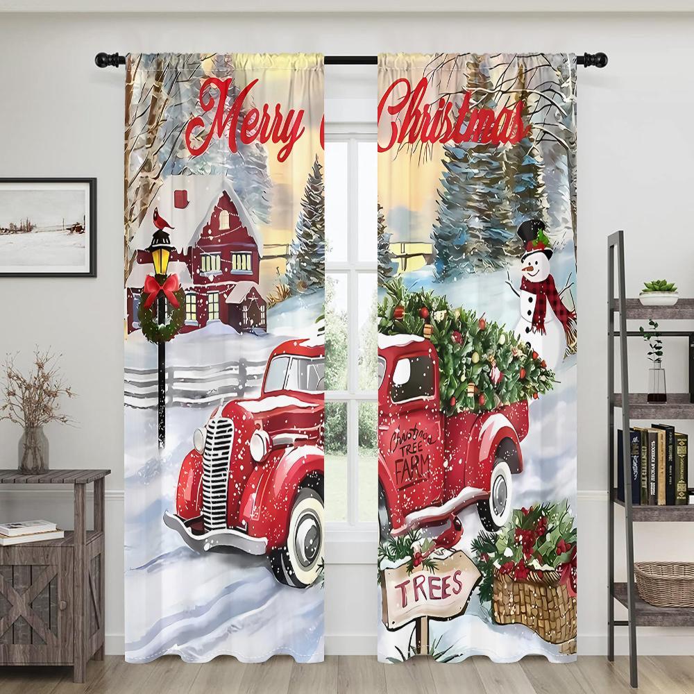 2 Pieces, Merry Christmas Red Truck Curtains -30% Blackout - Suitable for Living Room, Bedroom, Kitchen, Home Decoration