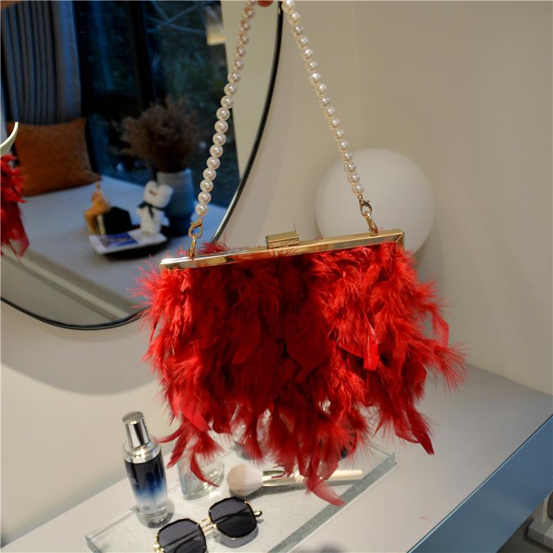 2025 Fashion Luxury Ostrich Long Feather Tassel Women's Wedding Evening Clutch Bag Party Pearl Handle Handbag Crossbody Purse