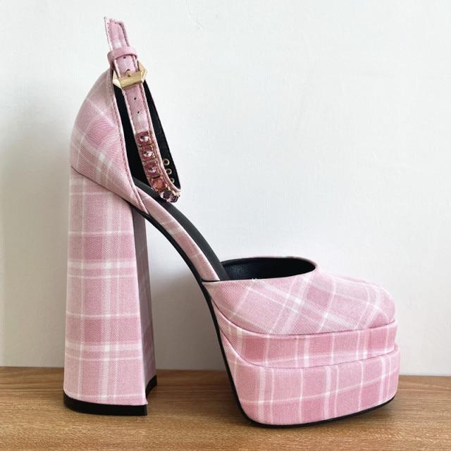 Escarpins pour femmes Nouveaux Sexy Talons Hauts Épais Plateforme Chaussures de Robe Fête Chaussures de Mariage Boucle Strass Taille 43