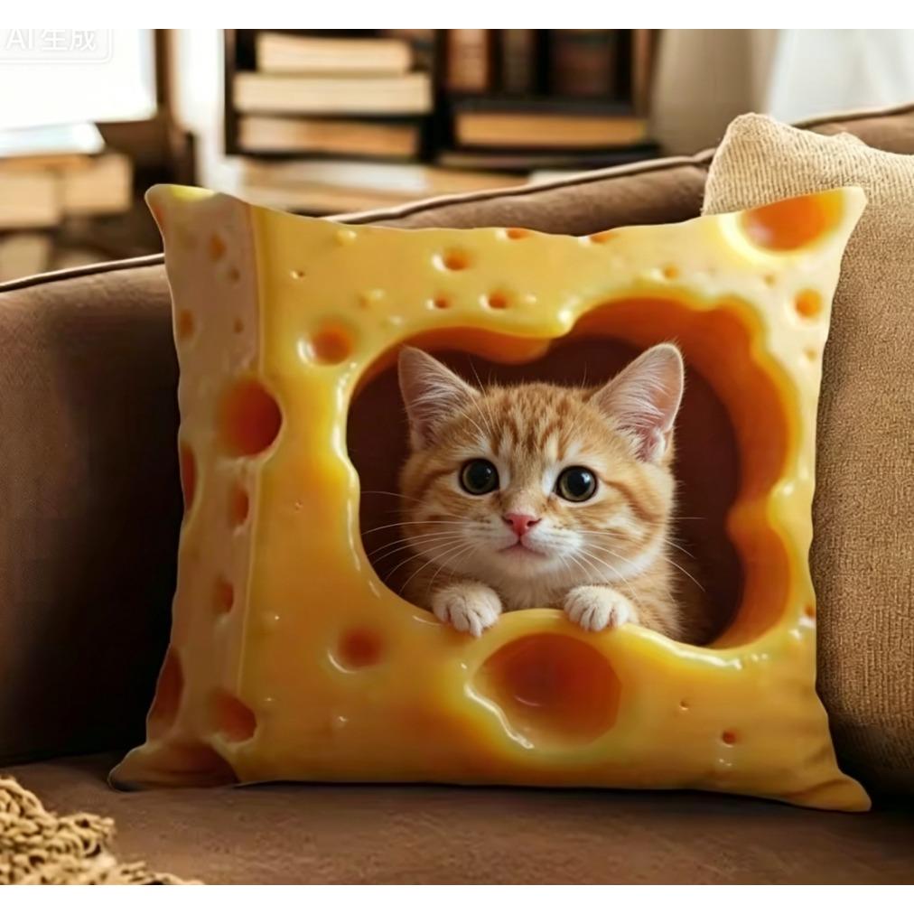 Cute Cat-In-Cushion Cover Cheese Pillow Add A Whimsical Touch To Your Home! Sofa Home Room Dormitory Decoration, 2D Printing
