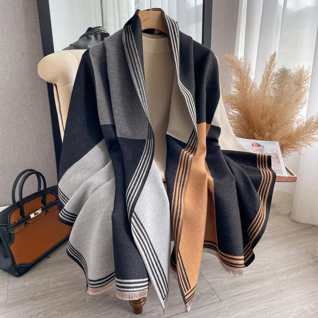 Fashion Korean-Style Colorblocked Faux Cashmere Scarf For Women Air Conditioner Shawl Elegant Thickened Cold-Proof Wrap For Autu