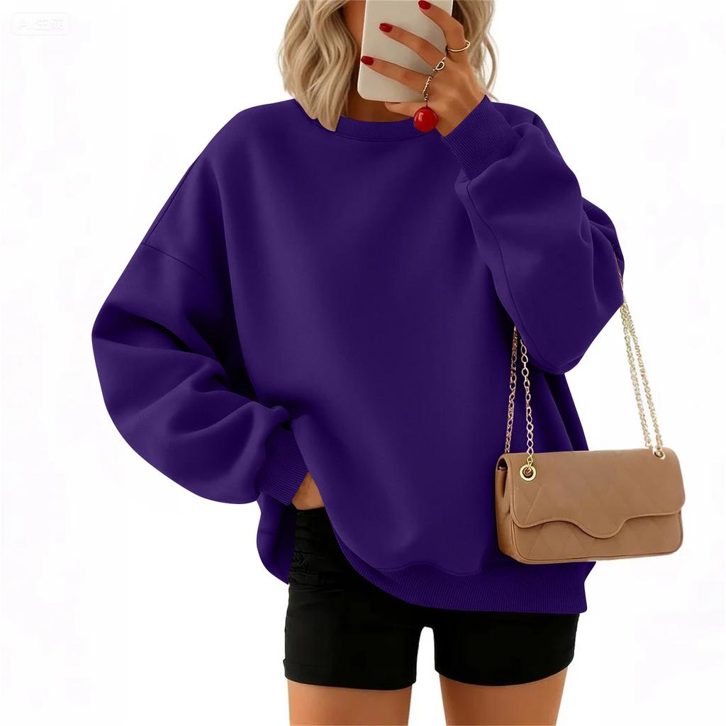 Women's Fashion Long Sleeve Solid Color Round Neck Loose Pullover Sweater Top