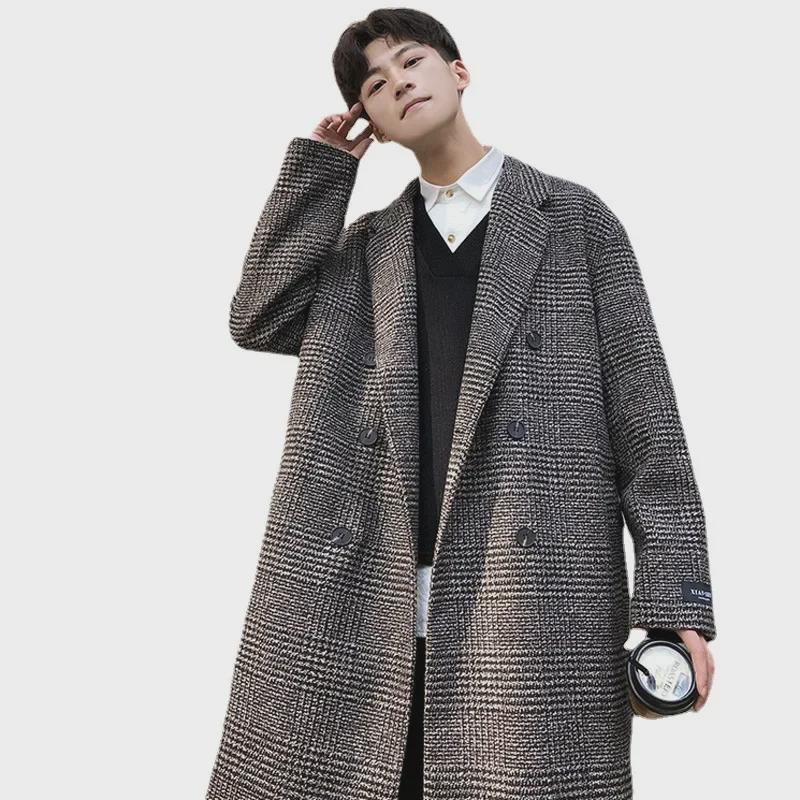 Herren Trendiger Doppelreiher Woll-Plaid Trenchcoat - Herbst/Winter Koreanischer Hong Kong Stil, Übergröße verfügbar