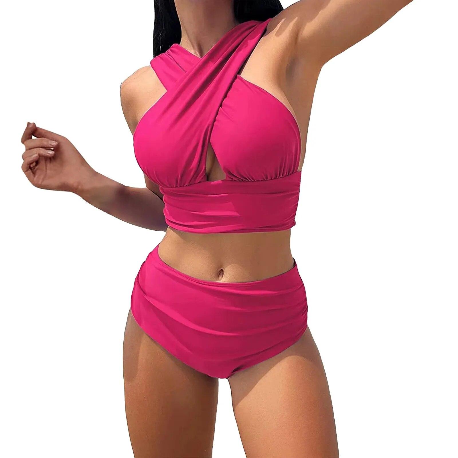 

Женский сплошной цвет с разрезом на шее, сексуальный купальник с открытой спиной, облегающий купальный костюм, низ среднего размера, двойной D, купальники для женщин XL розовый